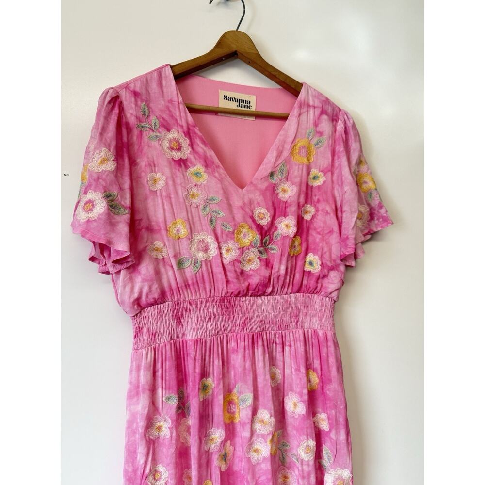 Savanna Jane M Pink Tie Dye Floral Embroidery Maxi Dress Lined V Neck